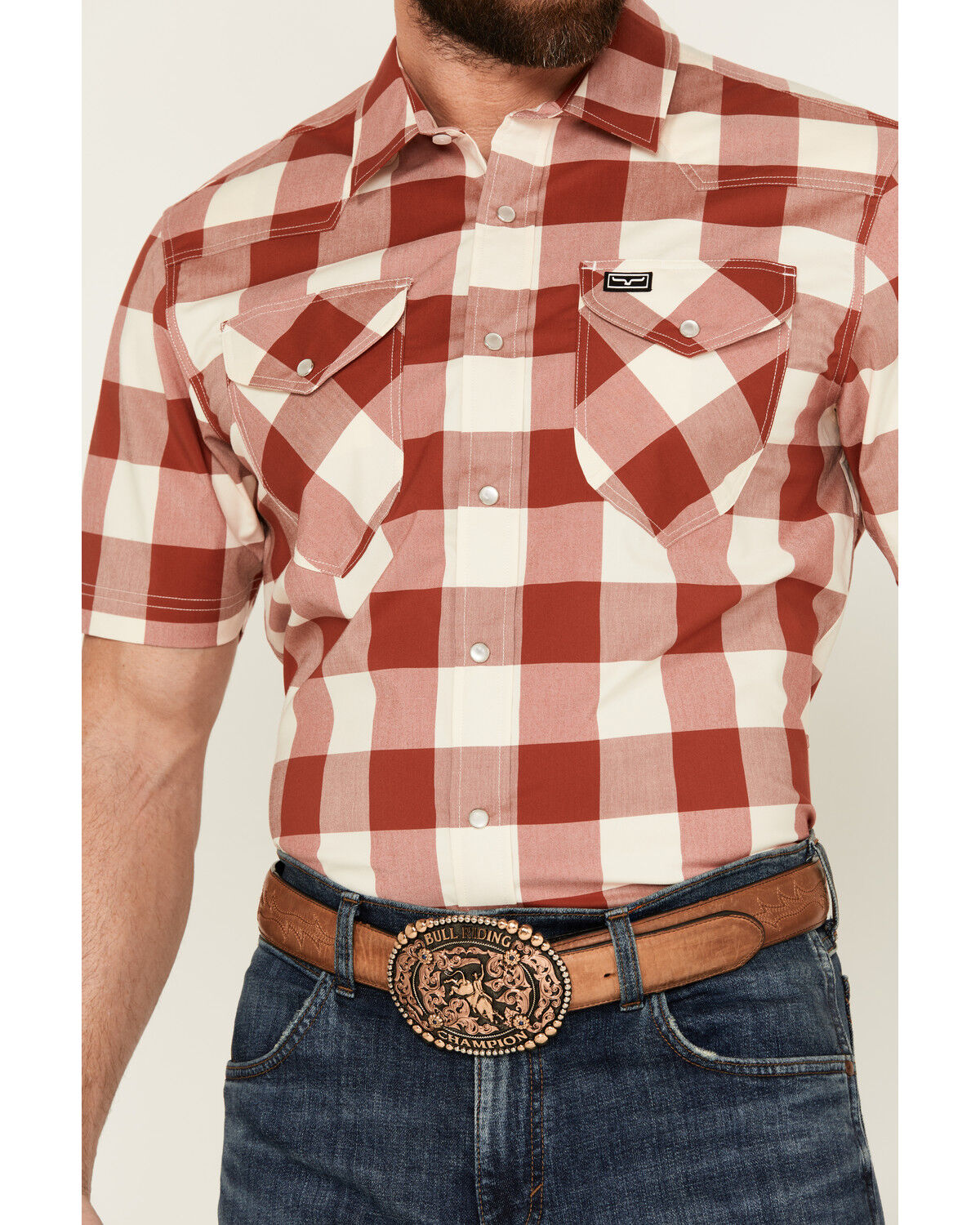 Image #3 - Kimes Ranch Men's Malcom Buffalo Plaid Print Short Sleeve Pearl Snap Western Shirt, Red, hi-res