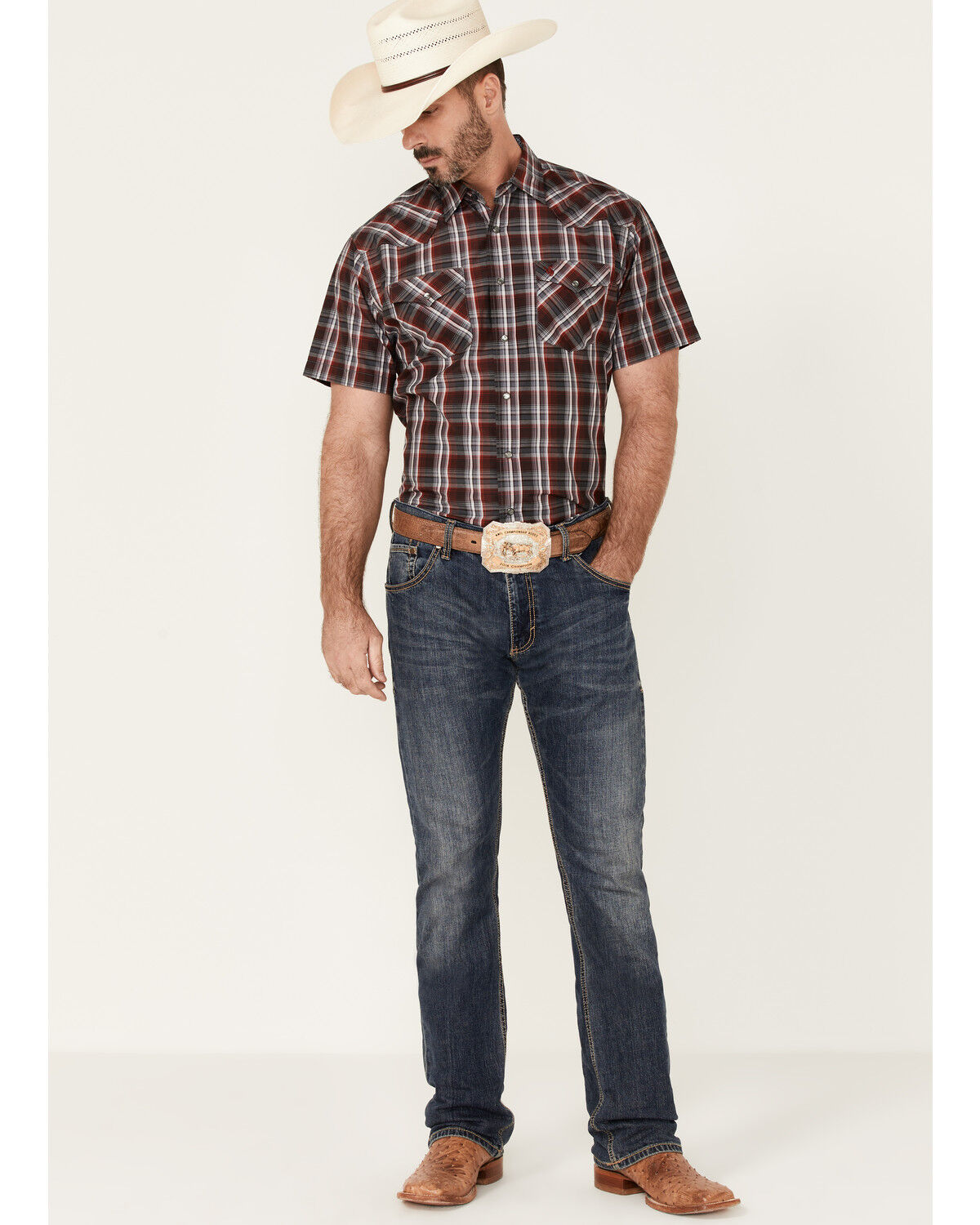 Image #2 - Rodeo Clothing Men's Red & Grey Plaid Short Sleeve Snap Western Shirt, Red, hi-res