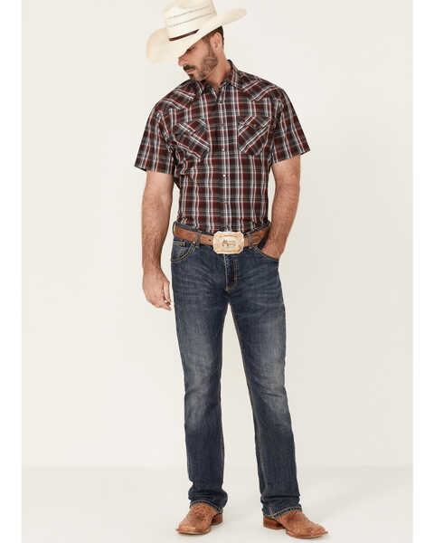 Rodeo Clothing Men's Red & Grey Plaid Short Sleeve Snap Western Shirt  , Red, hi-res