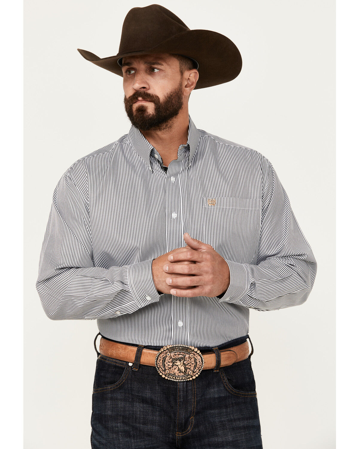 Image #1 - Cinch Men's Tencel Striped Print Long Sleeve Button-Down Shirt, White, hi-res