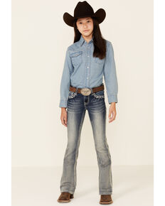 Grace In LA Girls' Light Wash Diamond Stitch Embellished Bootcut Jeans , Blue, hi-res
