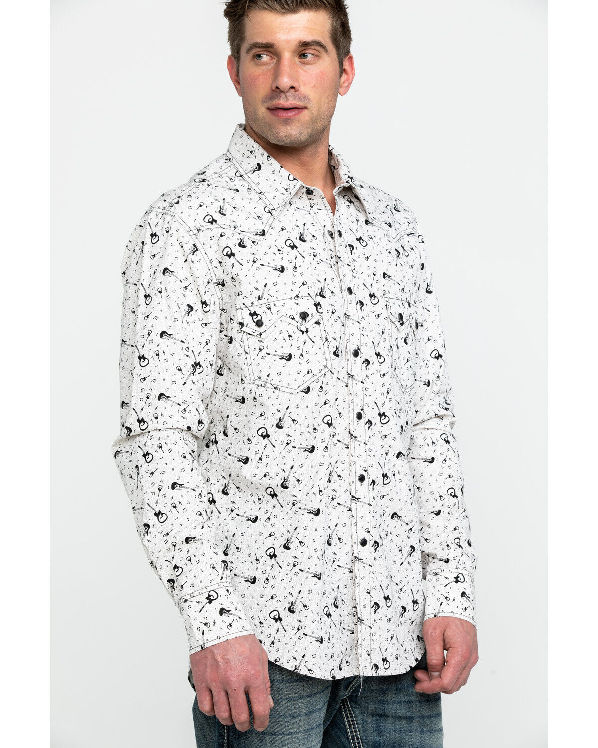 Image #3 - Rock & Roll Denim Men's Washed Guitar Print Long Sleeve Western Shirt, Black, hi-res