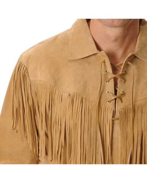 Image #2 - Scully Men's Fringed Boar Suede Leather Long Sleeve Western Shirt, Tan, hi-res