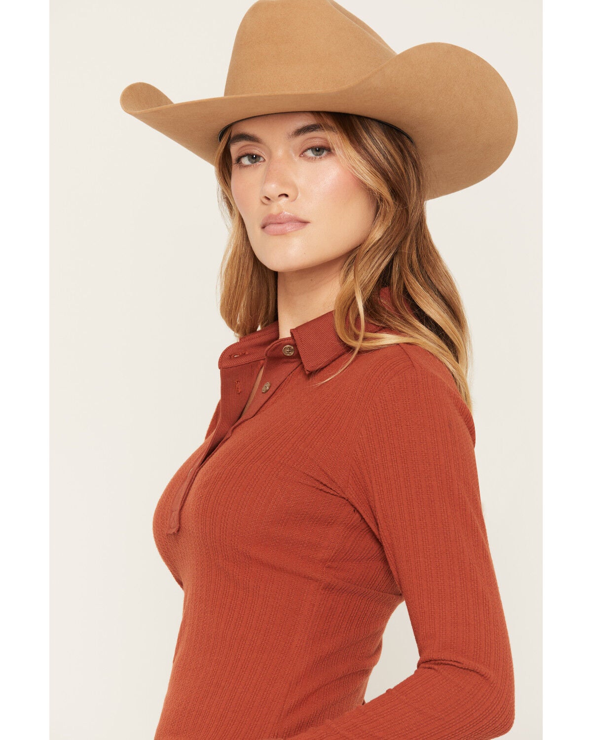 Image #2 - Shyanne Women's Contrast Cuff Collar Long Sleeve Top, Saddle, hi-res