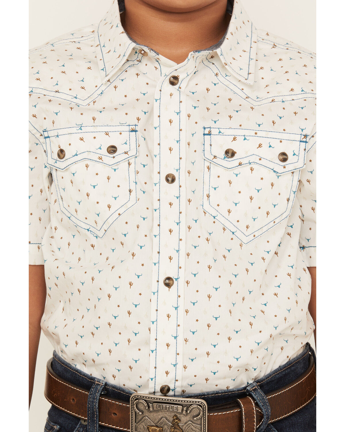Image #3 - Cody James Boys' Bull Cactus Short Sleeve Snap Western Shirt, Oatmeal, hi-res