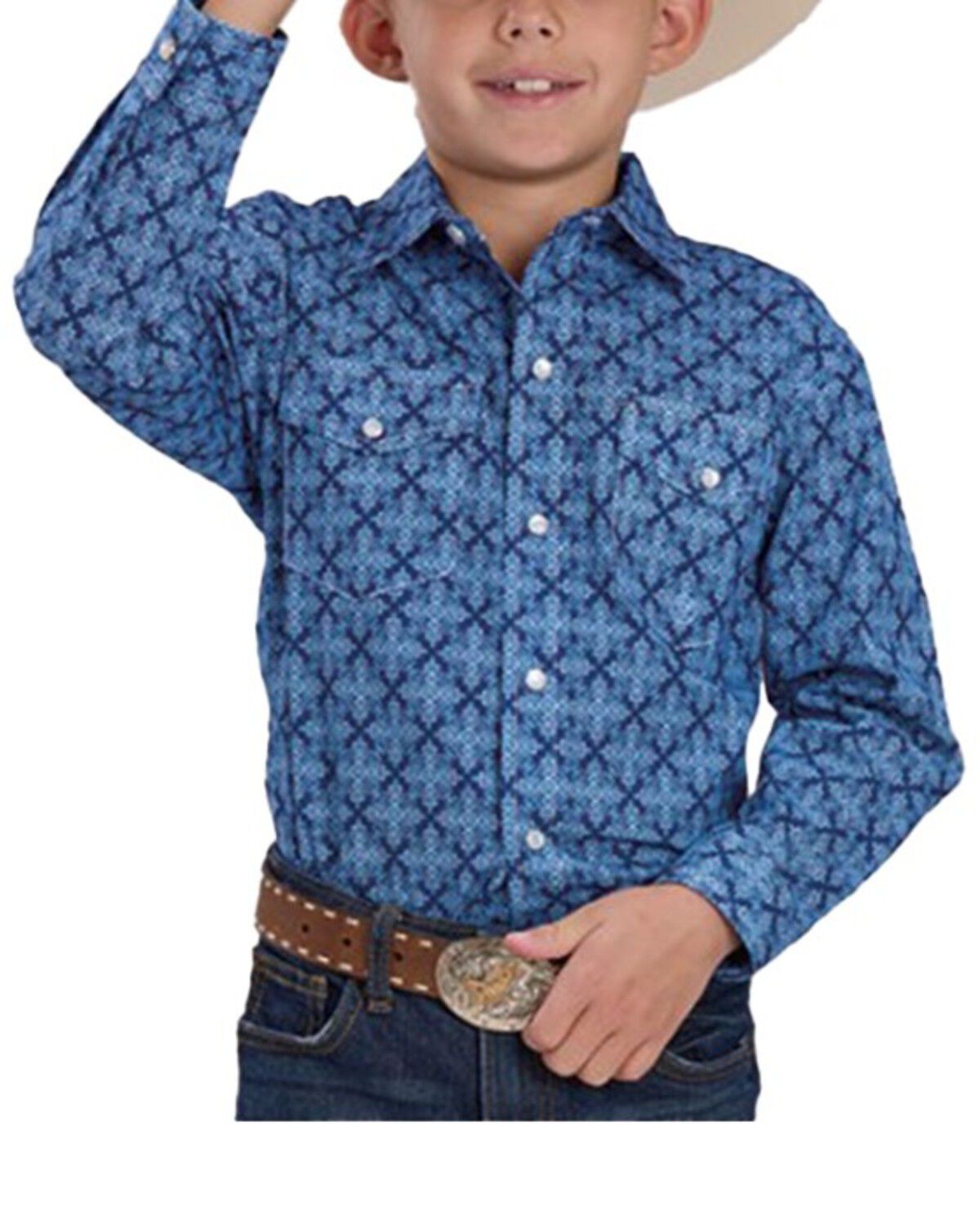 Image #1 - Roper Boys' Medallion Print Short Sleeve Snap Western Shirt, Blue, hi-res