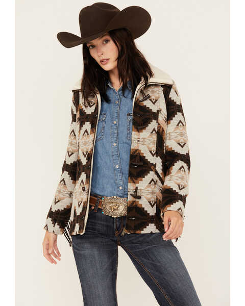 Image #1 - Powder River Outfitters Women's Southwestern Jacquard Fringe Coat , Brown, hi-res