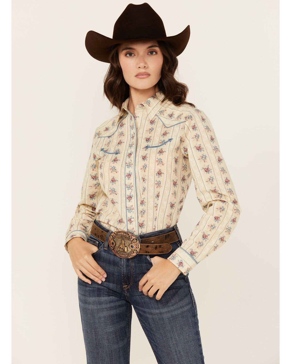 Image #1 - Roper Women's Floral Striped Long Sleeve Snap Western Shirt, Cream, hi-res