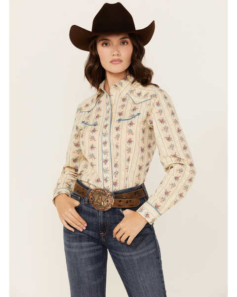 Roper Women's Floral Striped Long Sleeve Snap Western Shirt , Cream, hi-res