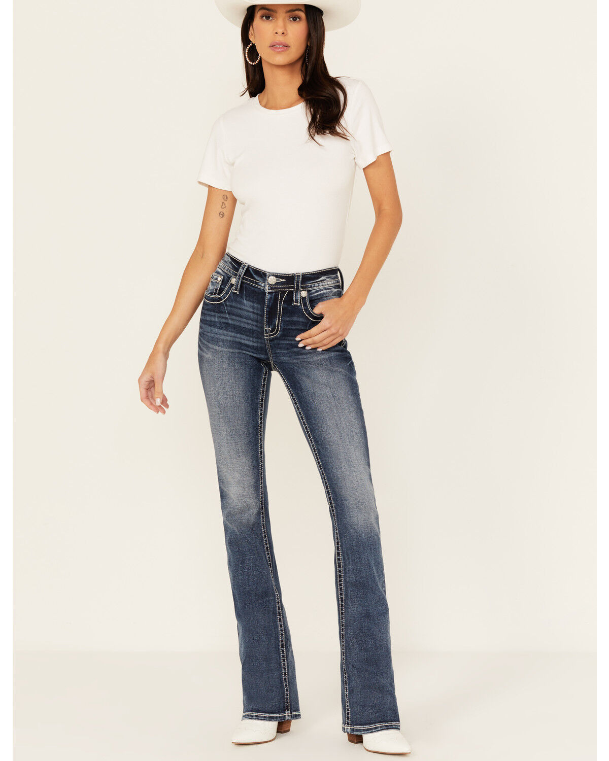 Image #3 - Miss Me Women's Dark Rise Mid Wash Geo Feather Pocket Bootcut Stretched Denim Jeans, , hi-res