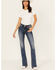 Image #3 - Miss Me Women's Dark Rise Mid Wash Geo Feather Pocket Bootcut Stretched Denim Jeans , Dark Wash, hi-res