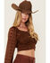 Image #2 - Beyond The Radar Women's Floral Lace Long Sleeve Tie Back Cropped Shirt, Brown, hi-res