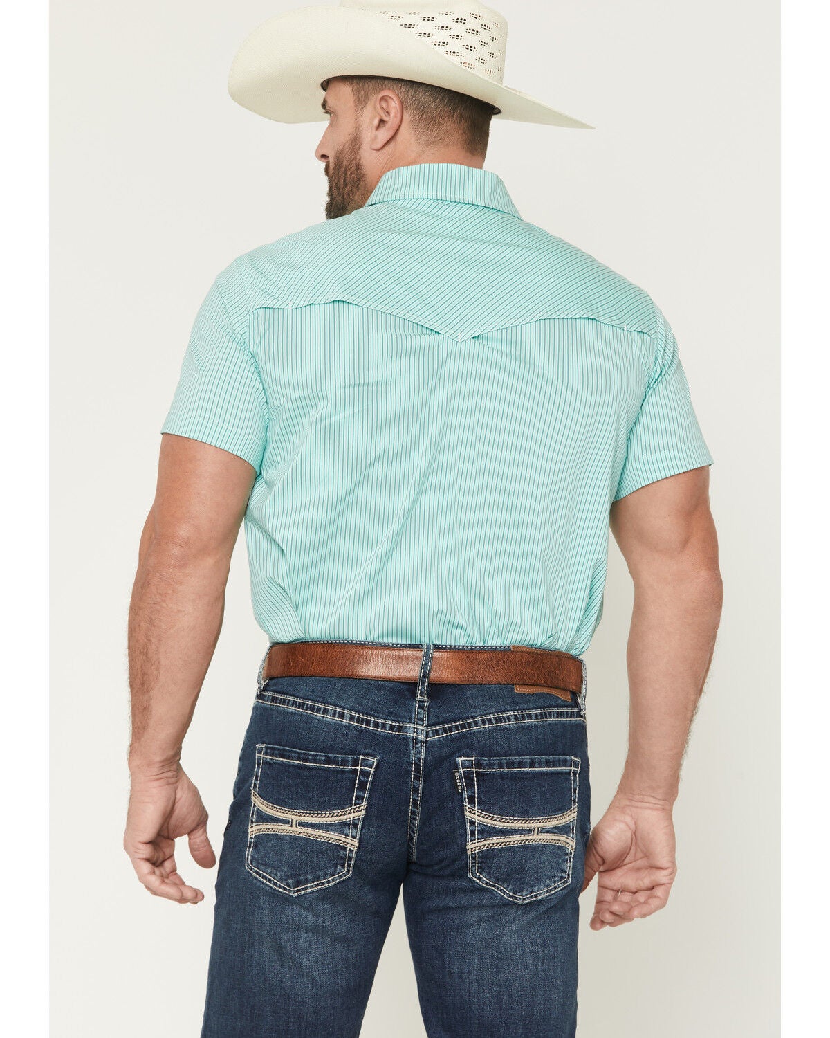 Image #4 - Rock & Roll Denim Men's TEK Core Striped Short Sleeve Pearl Snap Stretch Western Shirt, Turquoise, hi-res