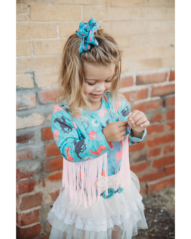 Shea Baby Infant Girls' Turquoise Cowgirl Print Long Sleeve Fringe Onesie , Turquoise, hi-res
