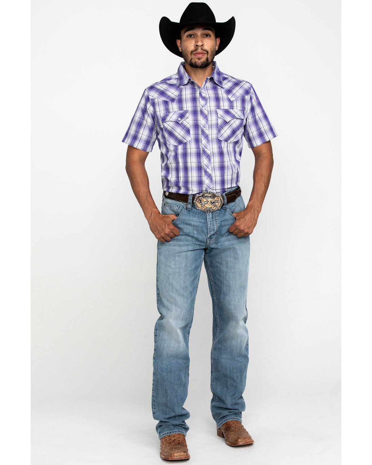 Image #6 - Wrangler Men's Purple Plaid Fashion Snap Short Sleeve Western Shirt , , hi-res