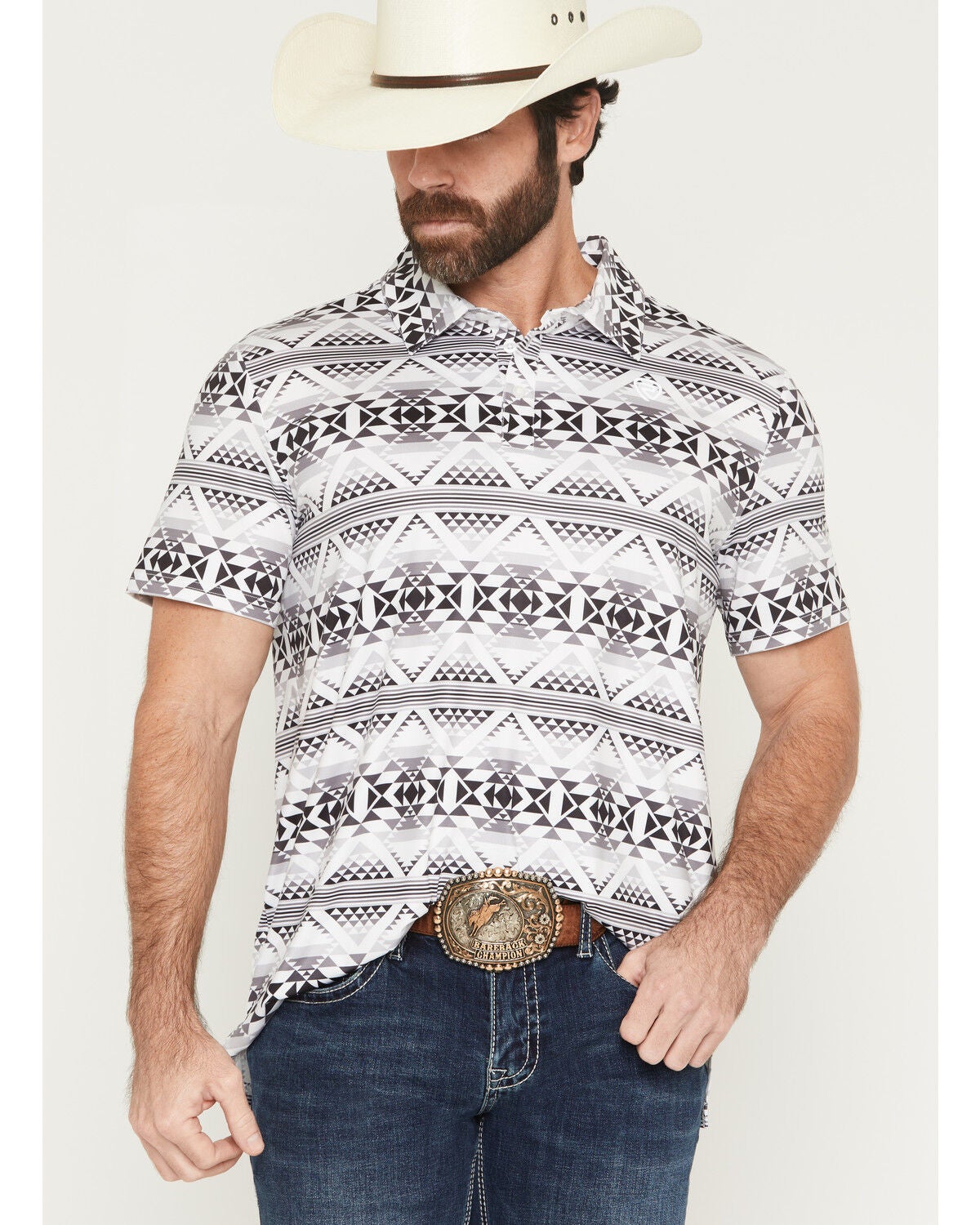Image #1 - Rock & Roll Denim Men's Southwestern Print Short Sleeve Button-Down Polo, White, hi-res