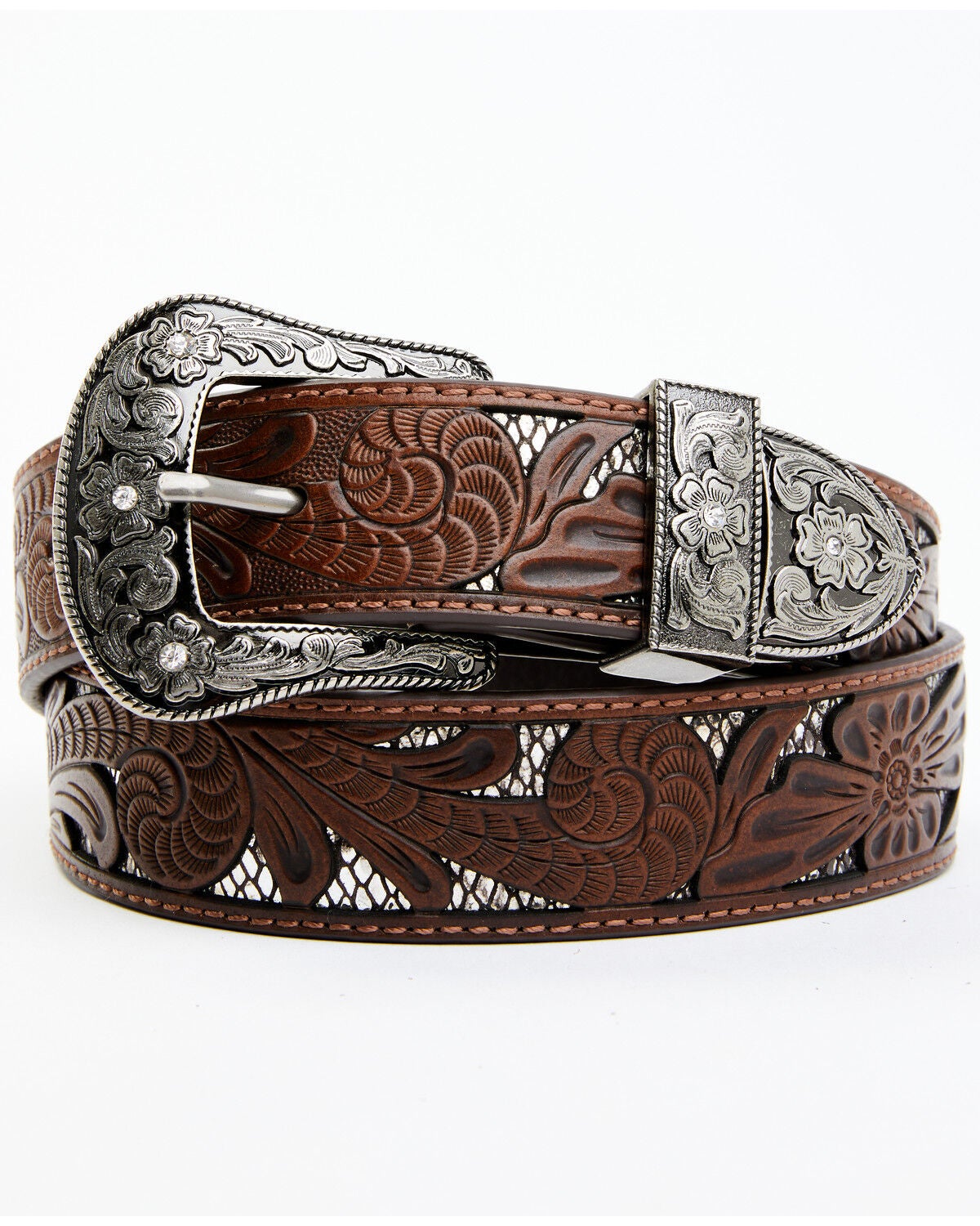 Shyanne Women's Brown Tooled Floral Cut Out Underlay Western Belt, Brown, hi-res