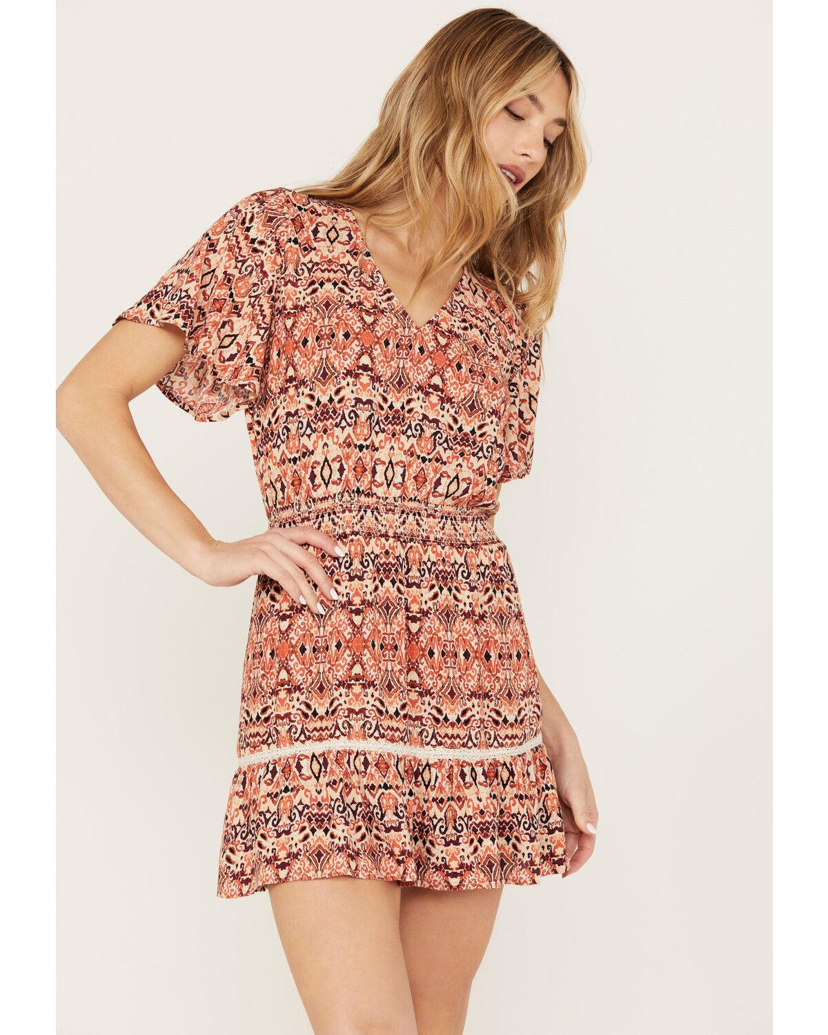Idyllwind Women's Blossom Flutter Sleeve Smocked Mini Dress, Maroon, hi-res