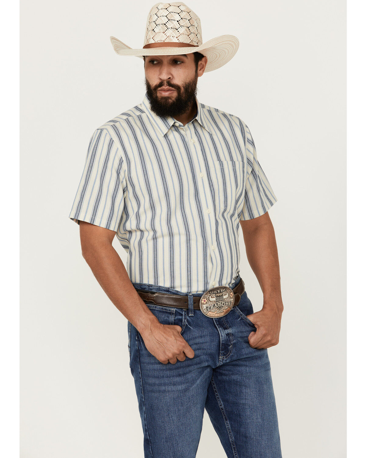 Image #1 - Cody James Men's Gunsmoke Dobby Striped Button-Down Short Sleeve Western Shirt, Cream, hi-res