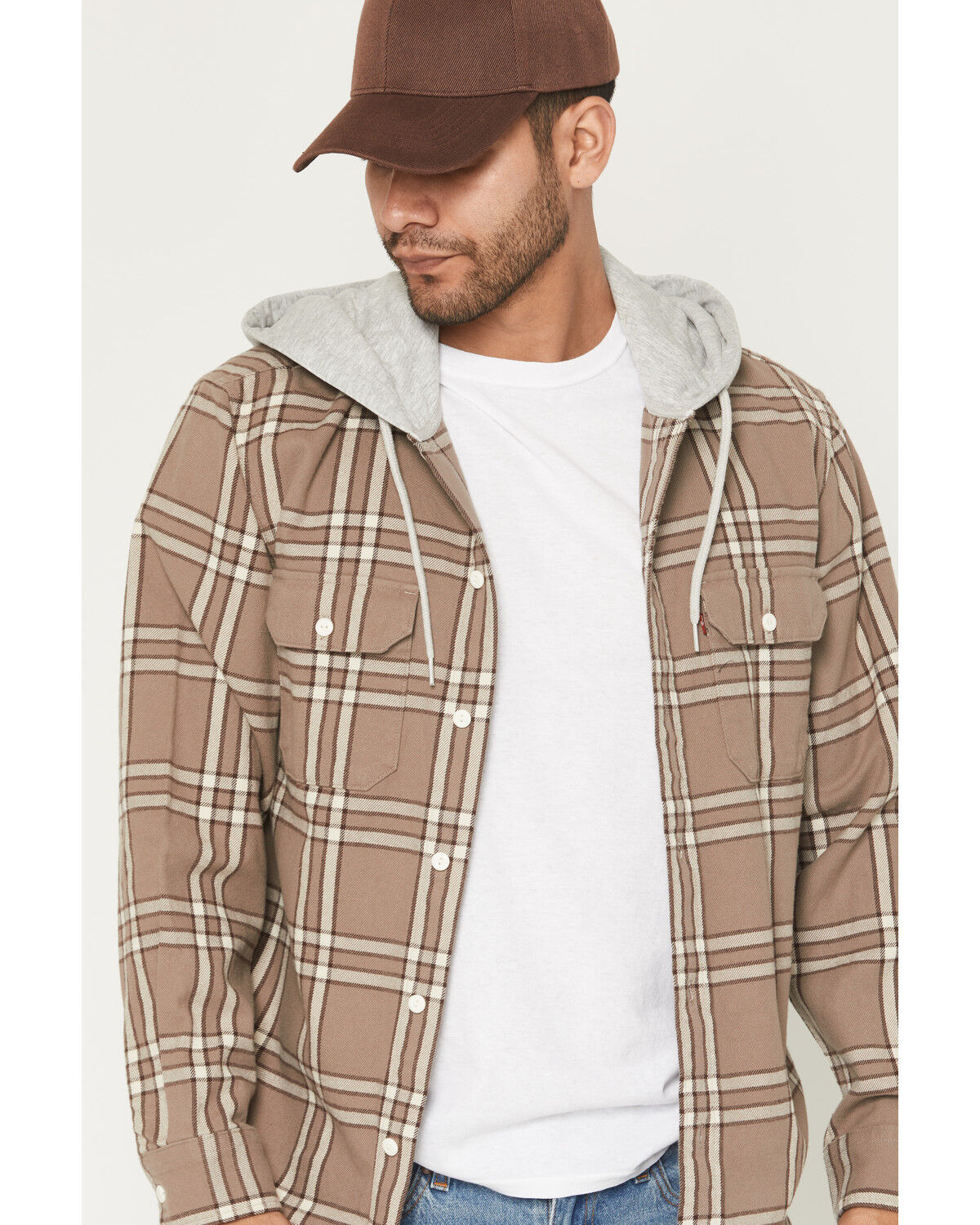 Image #2 - Levi's Men's Reeve Plaid Print Long Sleeve Button-Down Hooded Flannel Shirt, Tan, hi-res