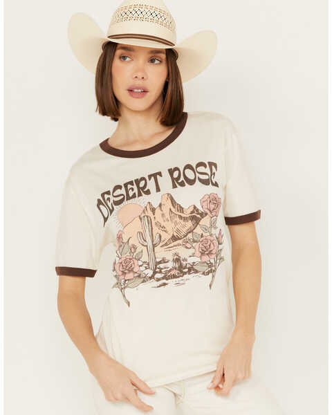 Image #1 - Youth in Revolt Women's Scenic Desert Rose Short Sleeve Ringer Graphic Tee, Ivory, hi-res
