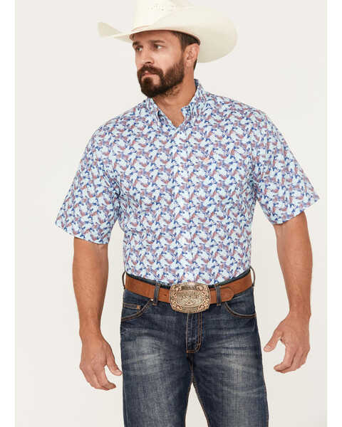 Image #1 - Ariat Men's Wrinkle Free Wrigley Print Short Sleeve Button-Down Western Shirt - Tall, Blue, hi-res