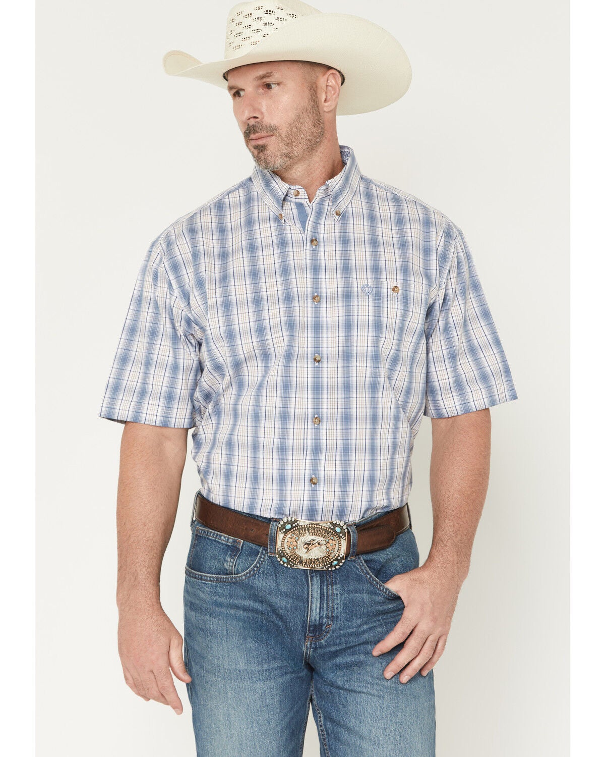 George Strait by Wrangler Men's Plaid Print Short Sleeve Button-Down Stretch Western Shirt, Blue, hi-res