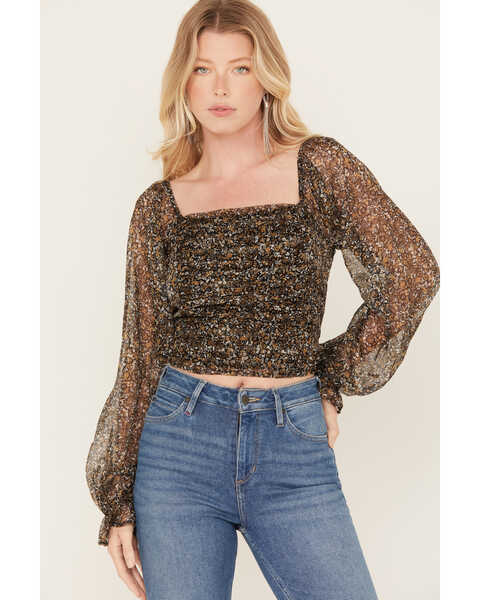 Image #1 - Idyllwind Women's Floral Ditsy Floral Print Long Sleeve Top, Dark Brown, hi-res