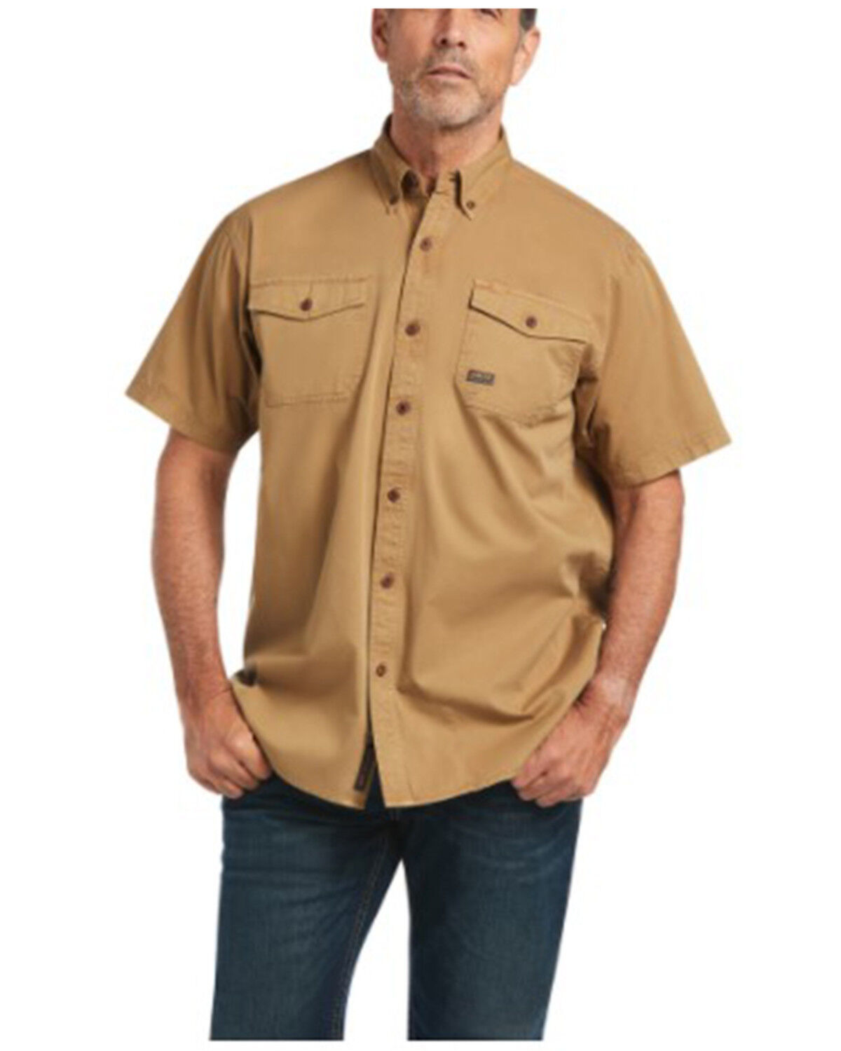 Image #1 - Ariat Men's Solid Rebar Washed Twill Short Sleeve Button Down Work Shirt, Beige/khaki, hi-res
