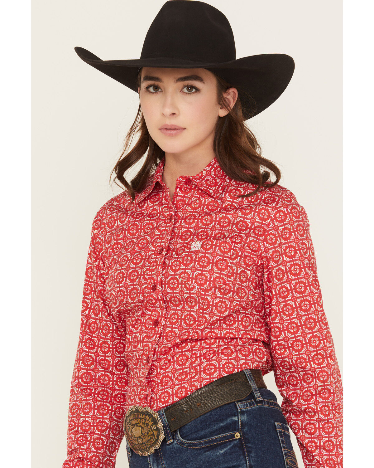 Image #2 - Cinch Women's Geo Print Long Sleeve Button-Down Stretch Western Shirt, Red, hi-res