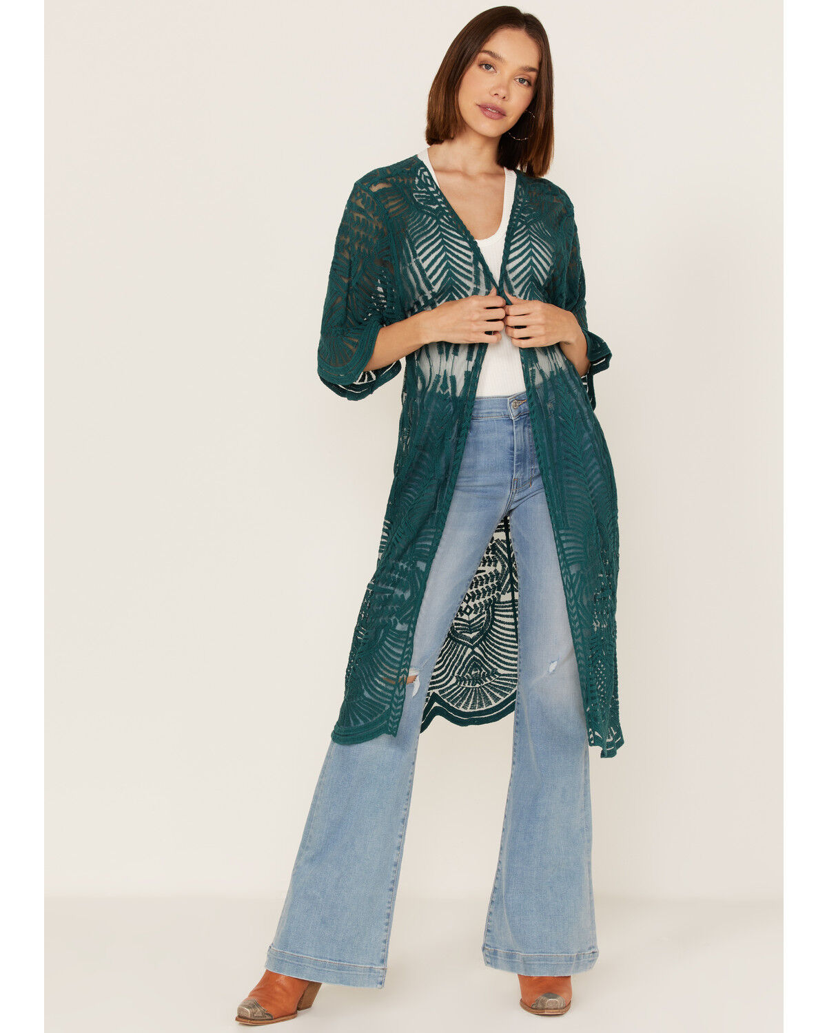 Image #1 - Shyanne Women's Geo Lace Kimono, Teal, hi-res