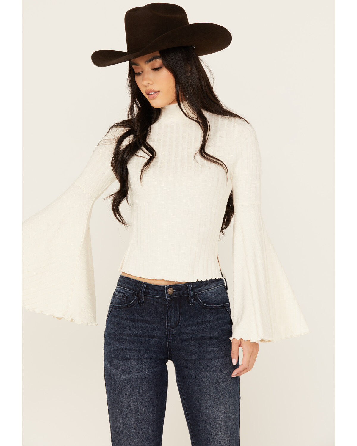 Image #1 - Shyanne Women's Rib Knit Mock Neck Bell Sleeve Top, Cream, hi-res