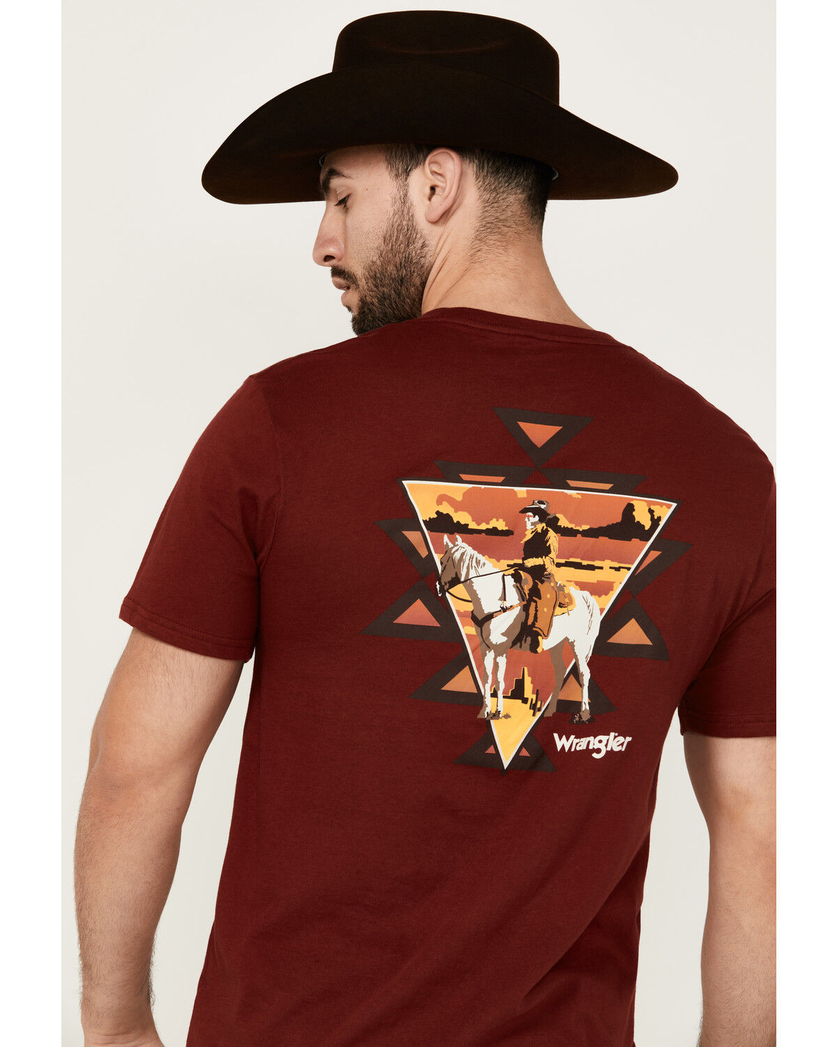 Image #4 - Wrangler Men's Boot Barn Exclusive Cowboy Southwestern Short Sleeve Graphic T-Shirt, Burgundy, hi-res