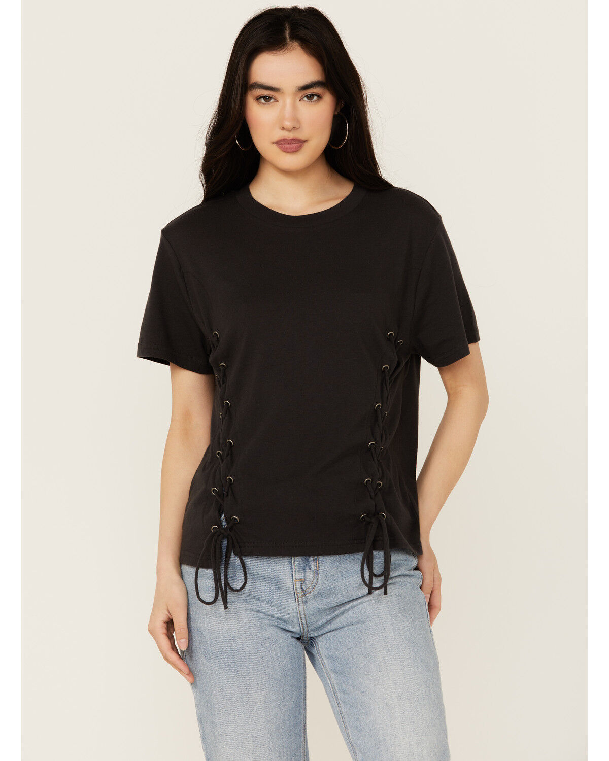 Image #1 - Blended Women's Side Grommet Short Sleeve Tee, Black, hi-res