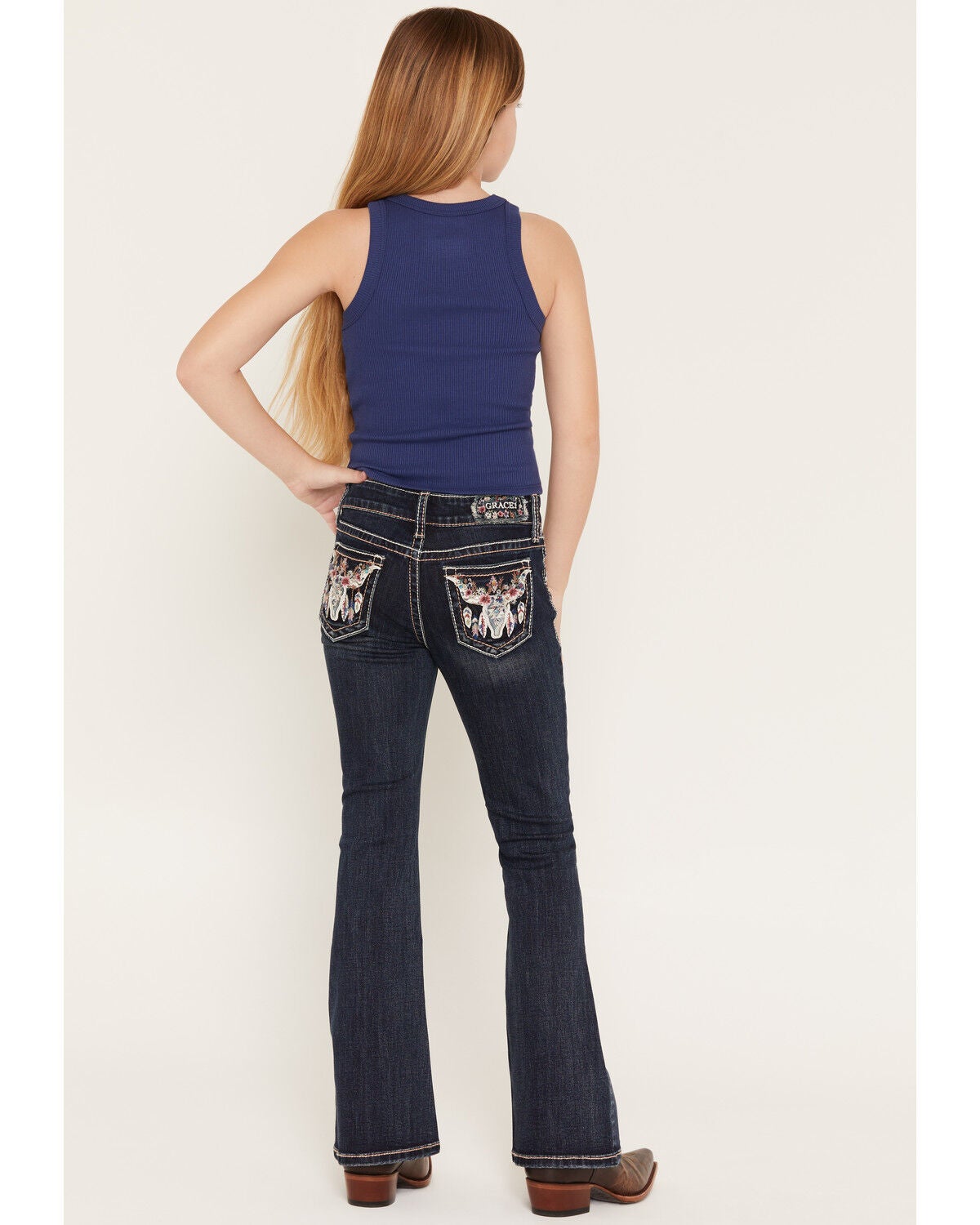 Grace in LA Girls' Dark Wash Steer Head Pocket Flare Stretch Denim Jeans, Dark Wash, hi-res