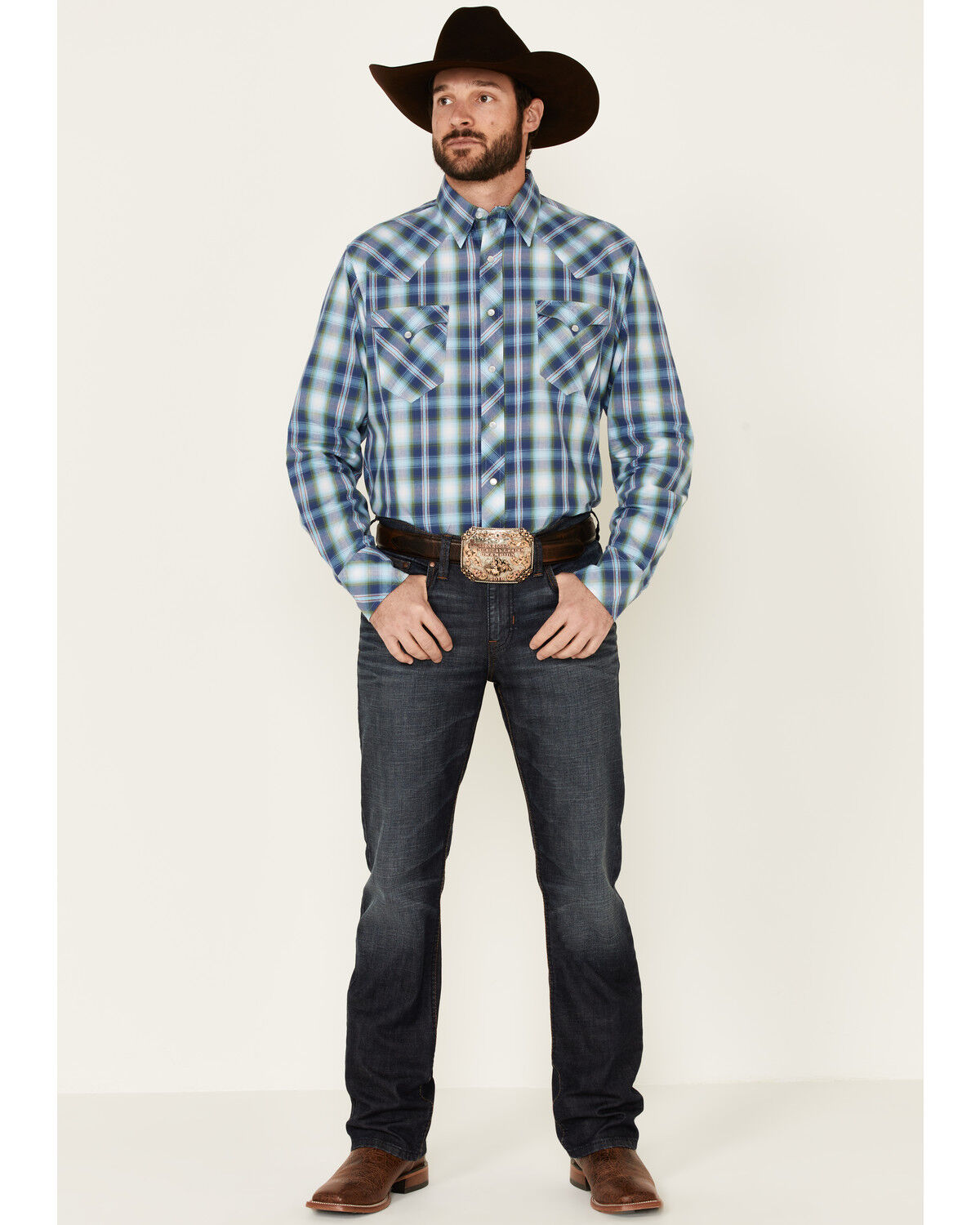 Image #2 - West Made Men's Dobby Plaid Long Sleeve Pearl Snap Western Shirt, Blue, hi-res