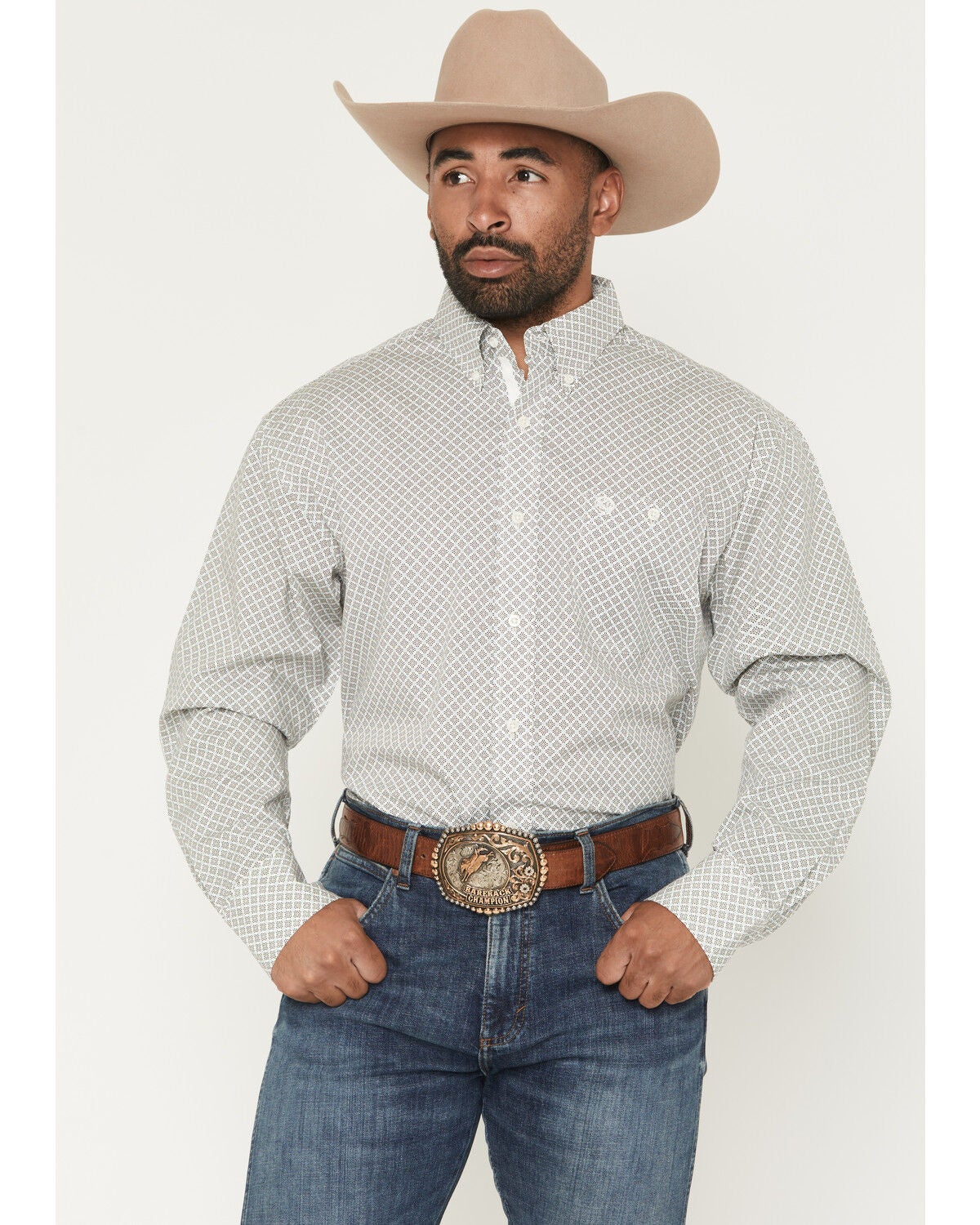 George Strait by Wrangler Men's Geo Print Long Sleeve Button-Down Stretch Western Shirt, Cream, hi-res
