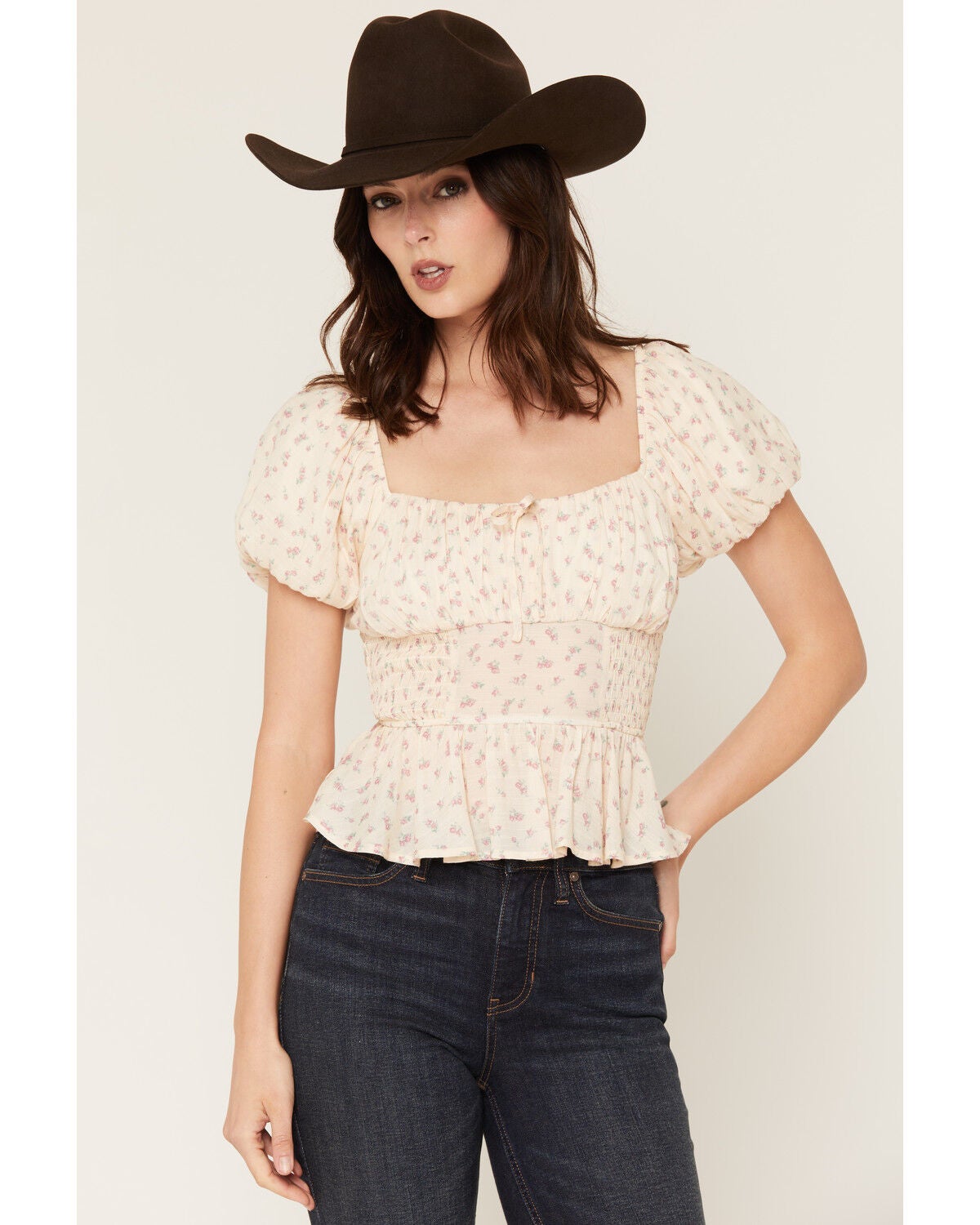 Image #1 - Ash & Violet Women's Ditsy Floral Smocked Waist Top, Cream, hi-res