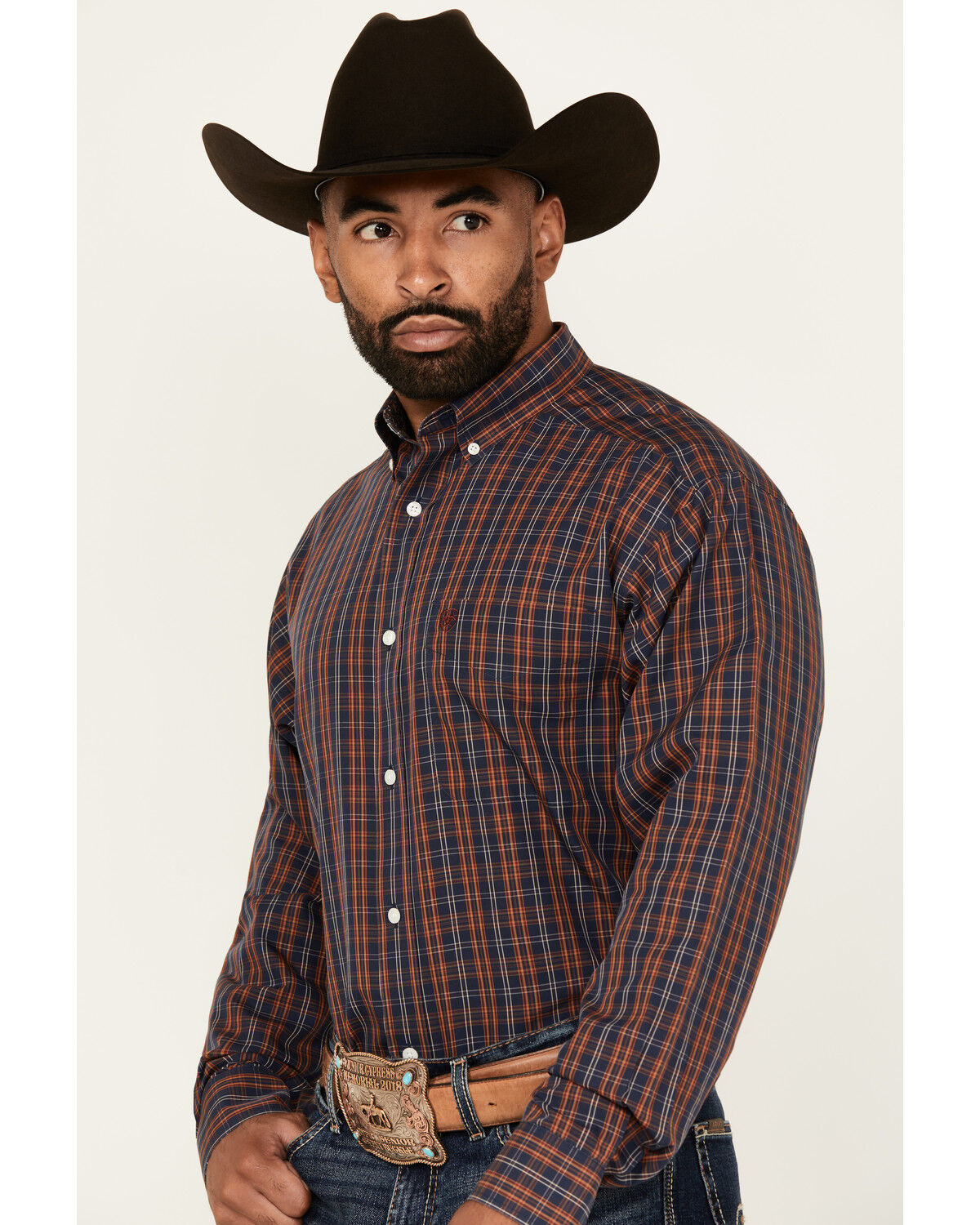 Image #2 - Ariat Men's Iker Plaid Print Long Sleeve Button-Down Western Shirt, Navy, hi-res