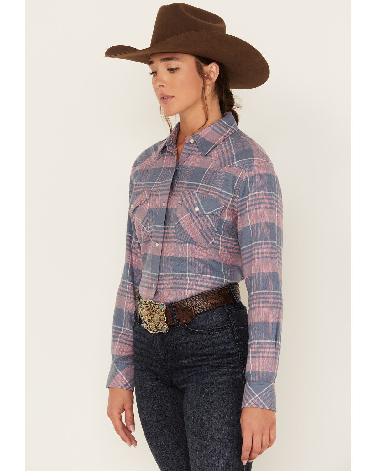 Image #2 - Wrangler Women's Boot Barn Exclusive Plaid Print Long Sleeve Western Flannel Pearl Snap Shirt, Blue, hi-res