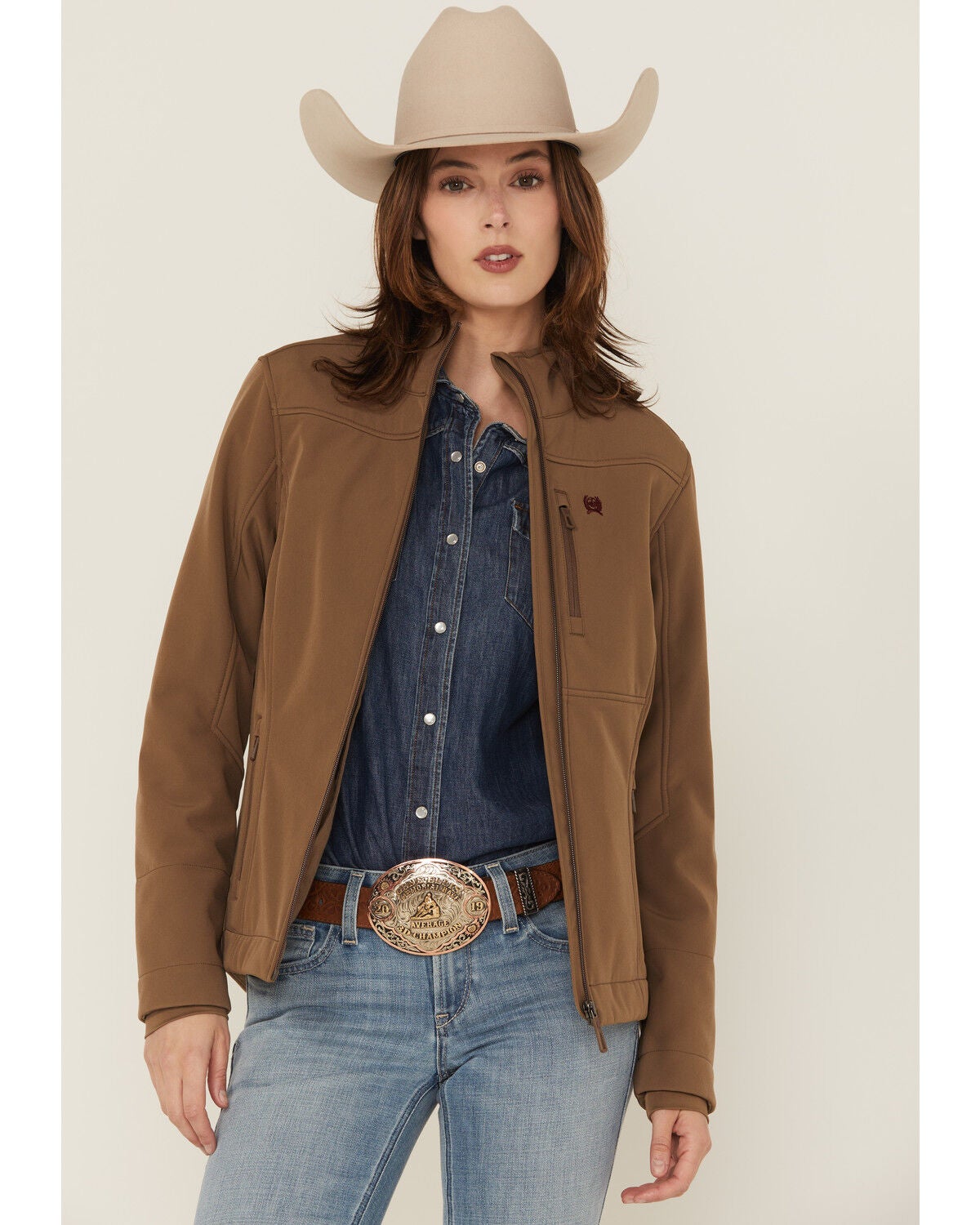 Cinch Women's Concealed Carry Bonded Softshell Jacket, Brown, hi-res