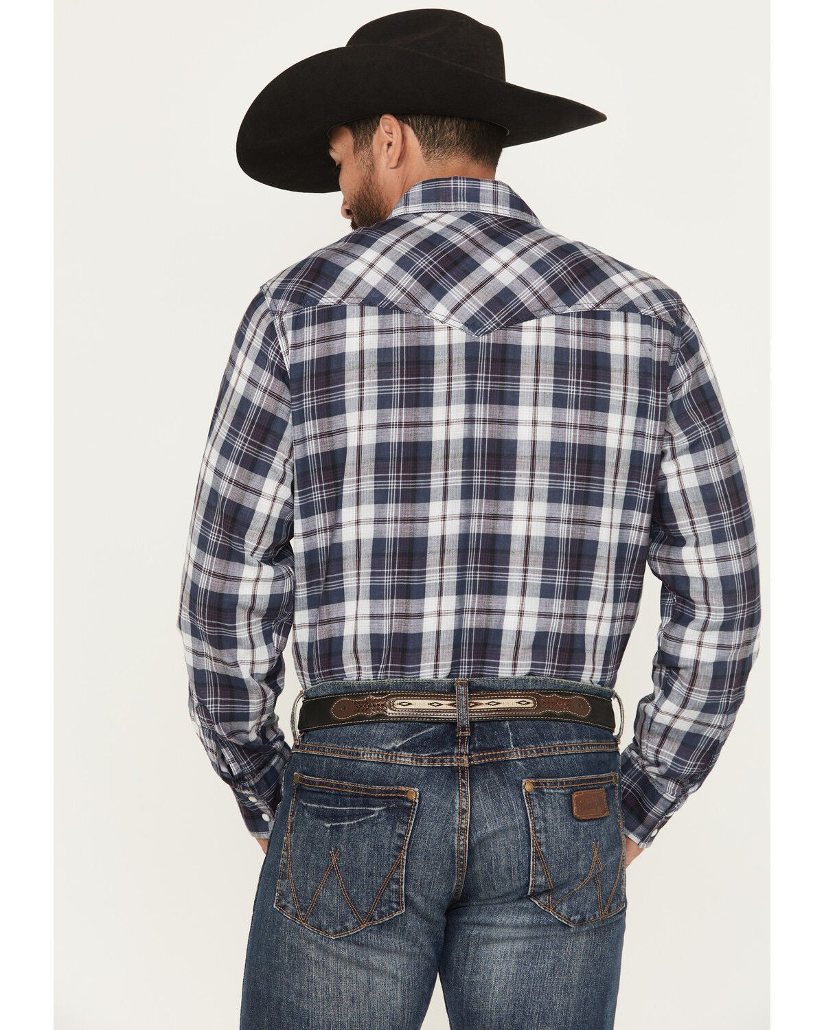 Image #4 - Wrangler Retro Men's Plaid Print Long Sleeve Snap Western Shirt, Dark Blue, hi-res