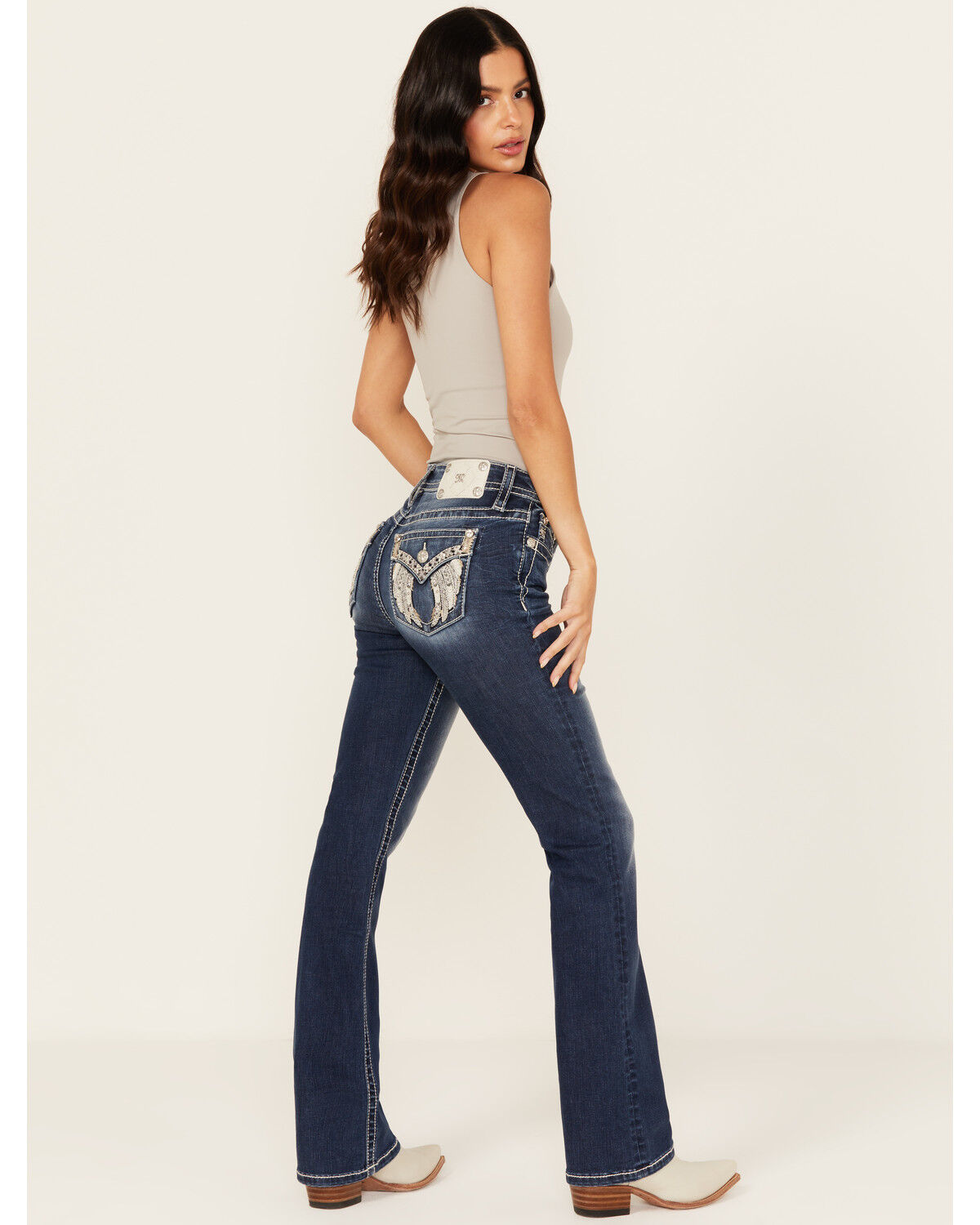 Image #1 - Miss Me Women's Dark Wash Mid Rise Winged Pocket Bootcut Stretch Denim Jeans, Dark Wash, hi-res