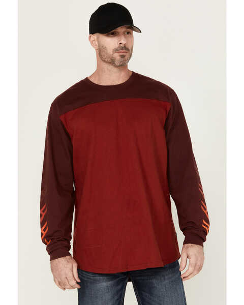 Image #1 - Hawx Men's FR Color Block Long Sleeve Graphic Work T-Shirt , Red, hi-res