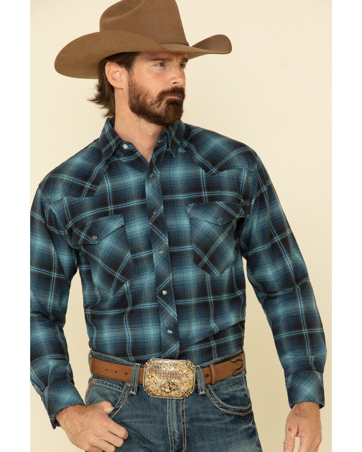 Image #1 - Resistol Men's Ombre Large Plaid Print Long Sleeve Western Snap Shirt, Blue, hi-res