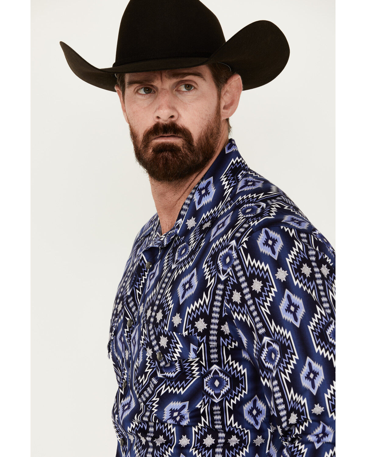 Image #2 - Rock & Roll Denim Men's Southwestern Print Long Sleeve Pearl Snap Stretch Western Shirt, Dark Blue, hi-res