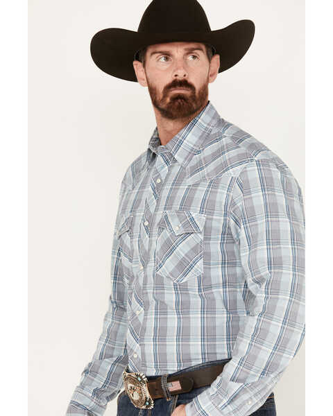 Image #2 - Wrangler 20X Men's Plaid Print Long Sleeve Snap Western Shirt, Blue, hi-res