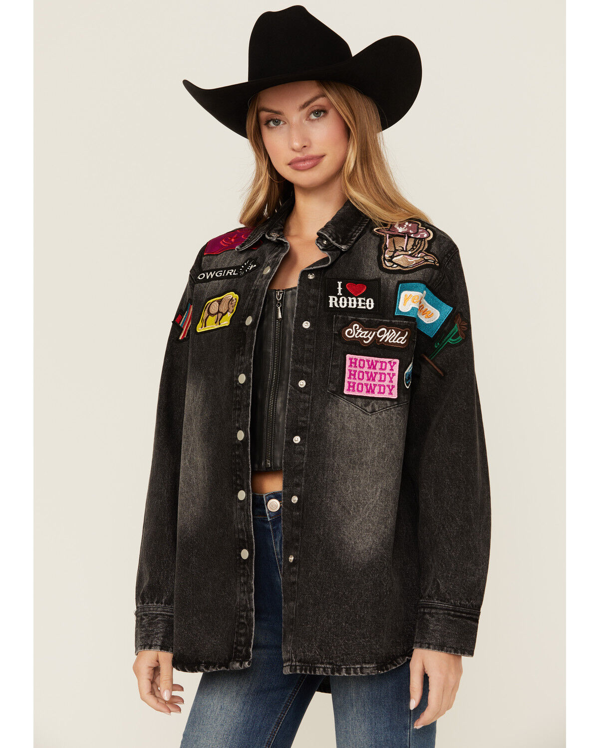 Image #1 - Blue B Women's Dark Wash Western Patchwork Snap Shacket, Charcoal, hi-res