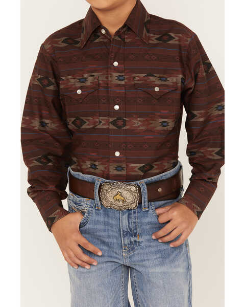 Image #3 - Ely Walker Boys' Southwestern Stripe Long Sleeve Pearl Snap Western Shirt, Burgundy, hi-res