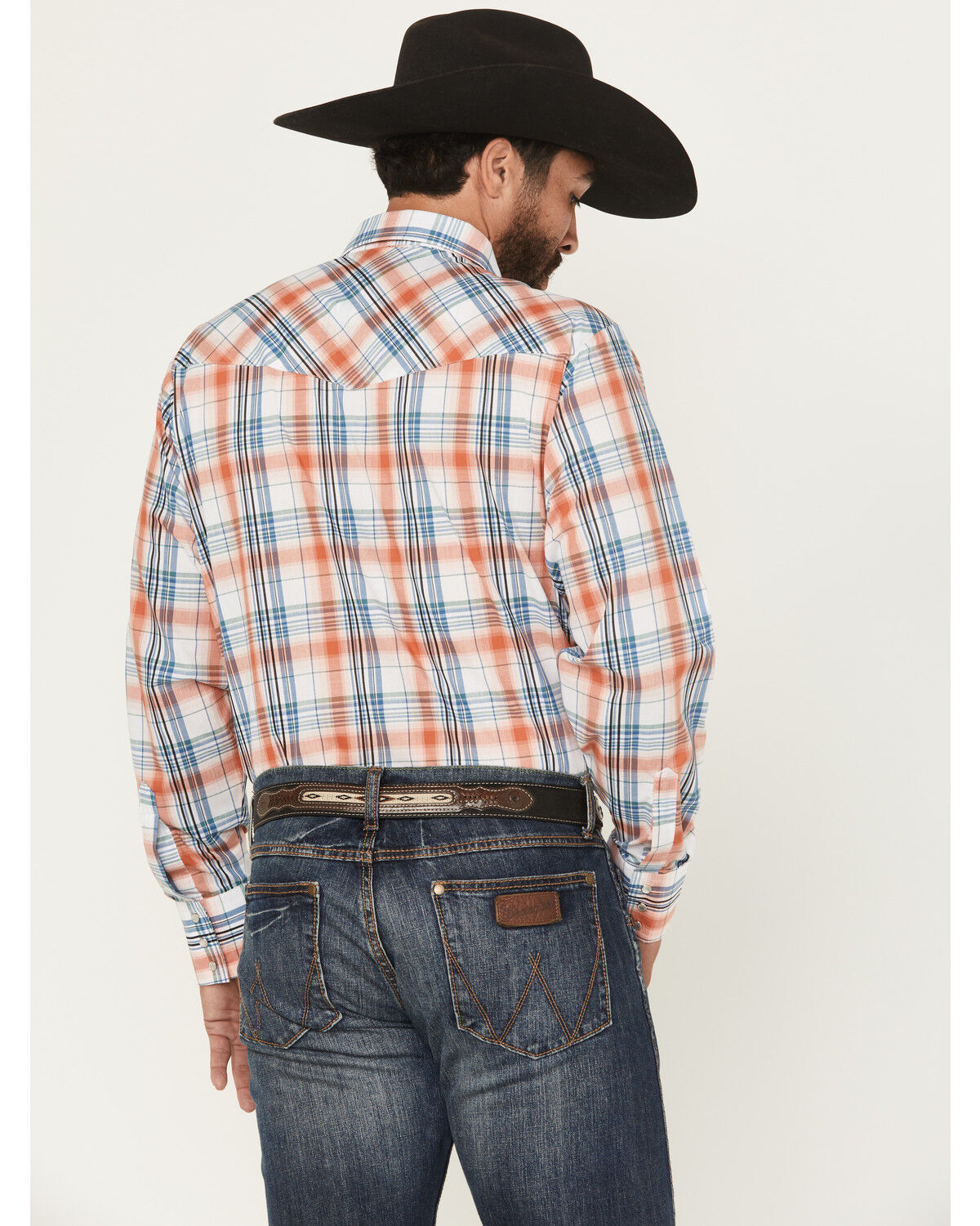 Image #4 - Ely Walker Men's Plaid Print Long Sleeve Pearl Snap Western Shirt, Orange, hi-res